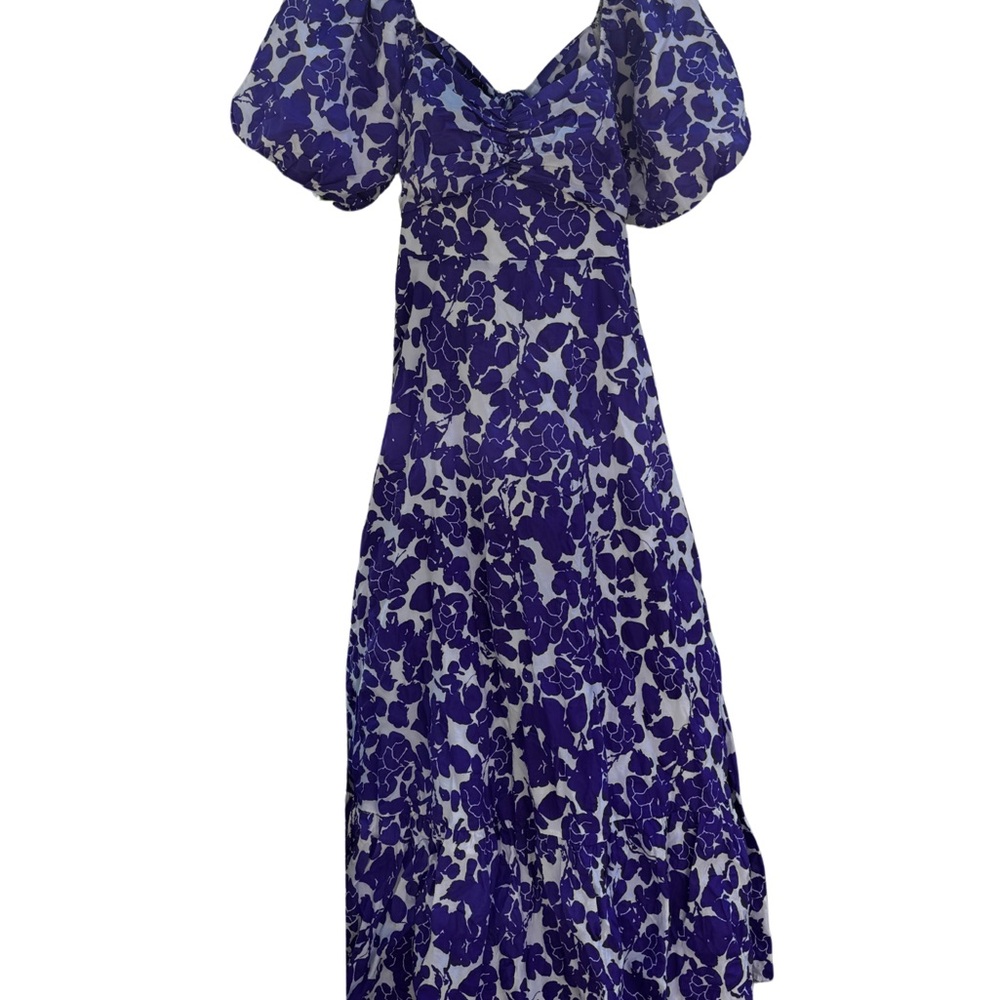 Free the Roses Purple Floral Puff Sleeve Open Back Tie Midi Dress - Size L - Picture 1 of 7
